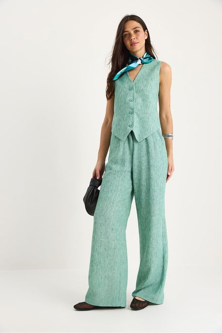 V-hals Vest en Wijde Pantalon Twee-delige Coord Set - Image 3