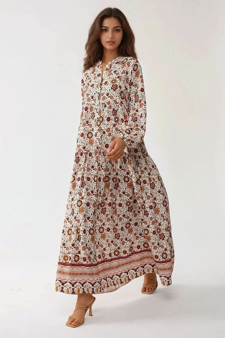 Geprinte V-hals Maxi-jurk met Knopen - Image 1