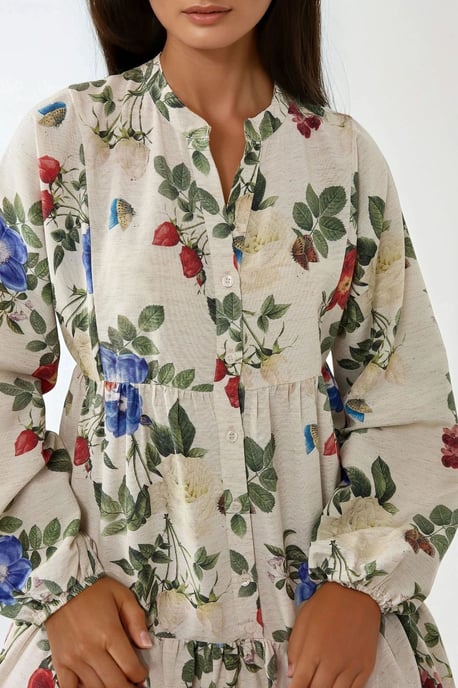 Bloemen Linnen Voel Crew Neck Maxi Jurk - Image 4