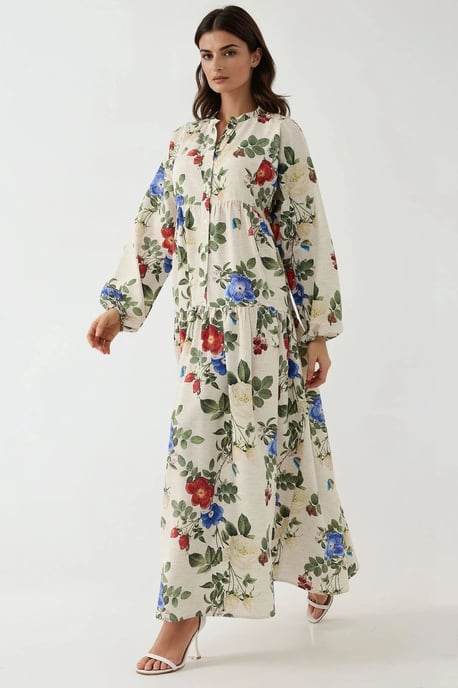 Bloemen Linnen Voel Crew Neck Maxi Jurk - Image 5