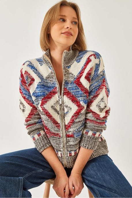 Geometrisch Patroon Ritskraag Cardigan - Image 1