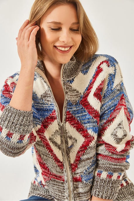 Geometrisch Patroon Ritskraag Cardigan - Image 2