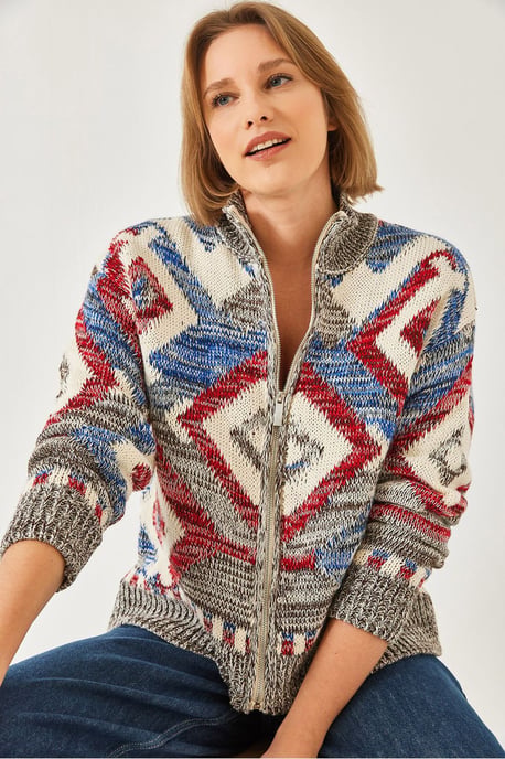 Geometrisch Patroon Ritskraag Cardigan - Image 3