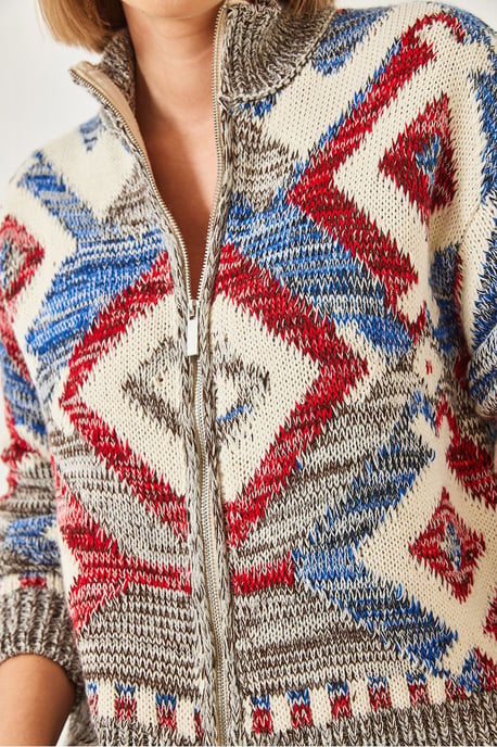 Geometrisch Patroon Ritskraag Cardigan - Image 4