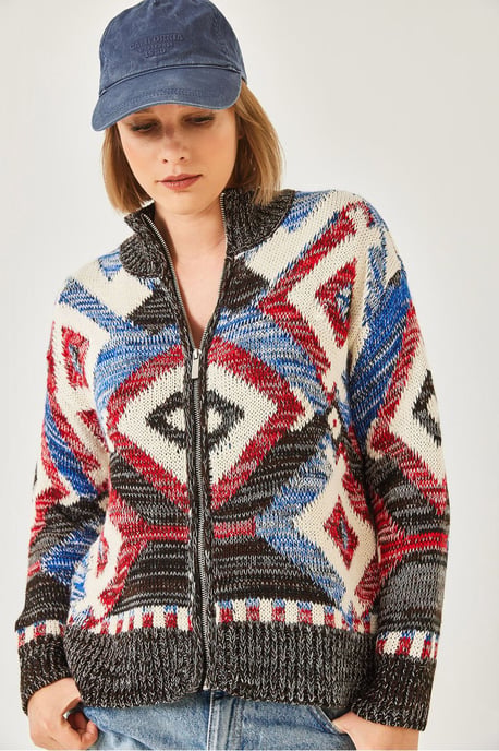 Geometrisch Patroon Ritskraag Cardigan - Image 2