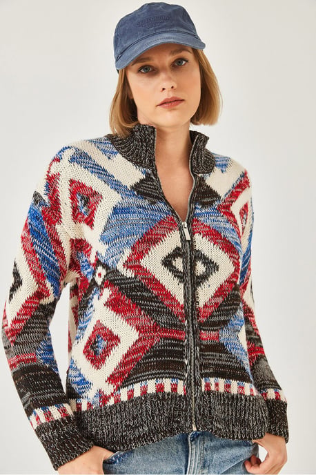 Geometrisch Patroon Ritskraag Cardigan - Image 3