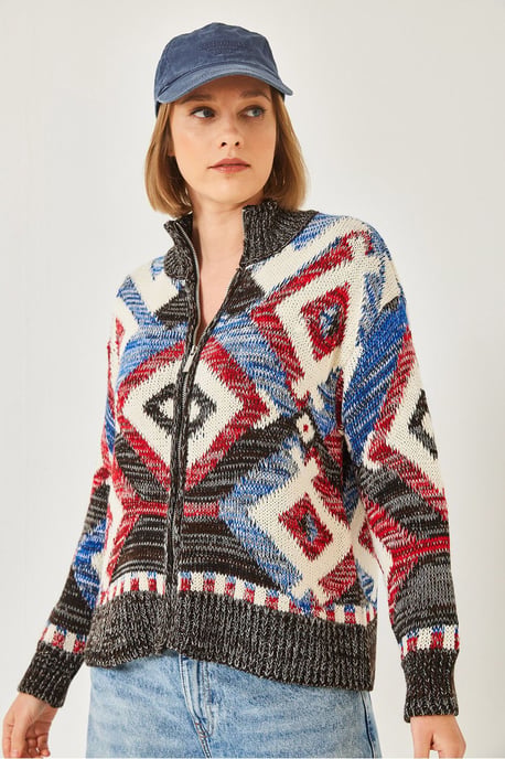 Geometrisch Patroon Ritskraag Cardigan - Image 4