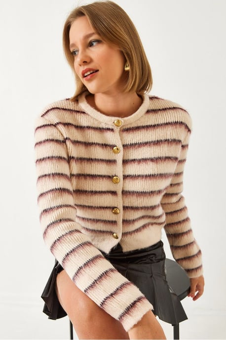 Gestreepte Knopen Cropped Cardigan - Image 1
