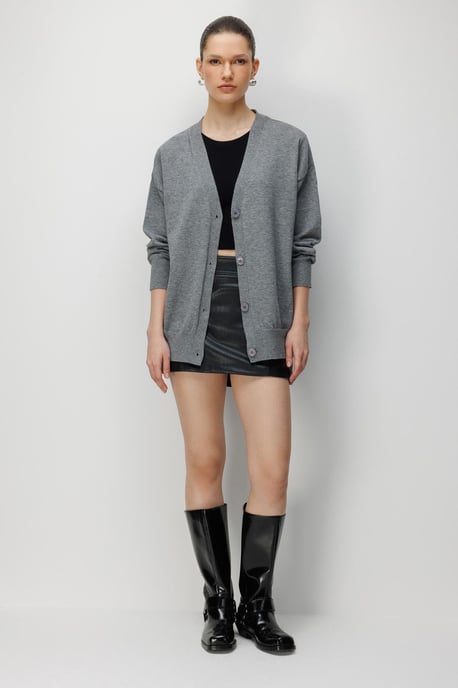 Lange Ribbels Breigarment Cardigan met V-hals en Knoopsluiting - Image 2