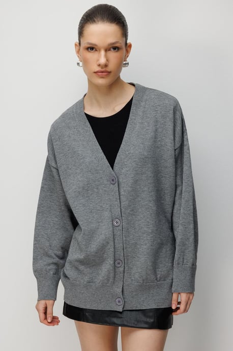 Lange Ribbels Breigarment Cardigan met V-hals en Knoopsluiting - Image 3