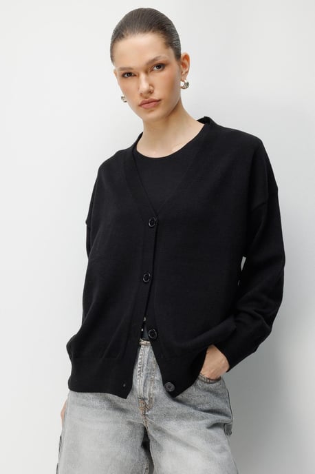 Lange Geribbelde Gebreide Cardigan met V-hals en Knopen Sluiting - Image 2