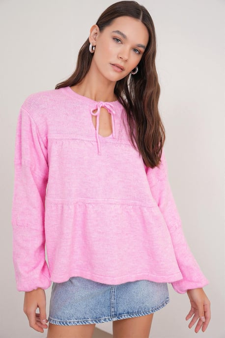V loose knit sweater met strikdetails - Image 3