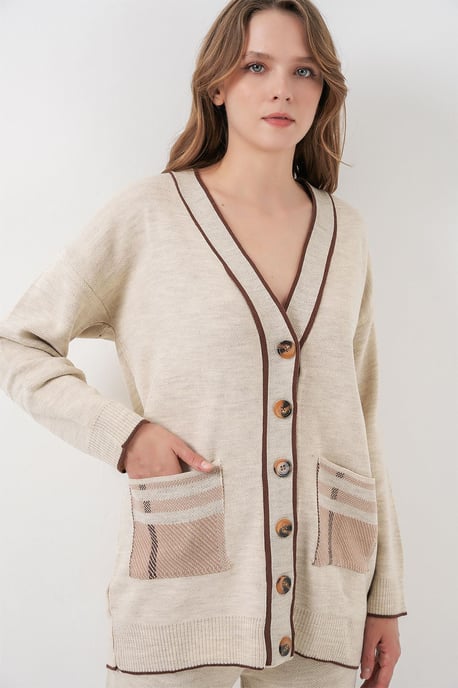 Pocket Gedetailleerde V-hals Cardigan en Wijde Broek Set - Image 3