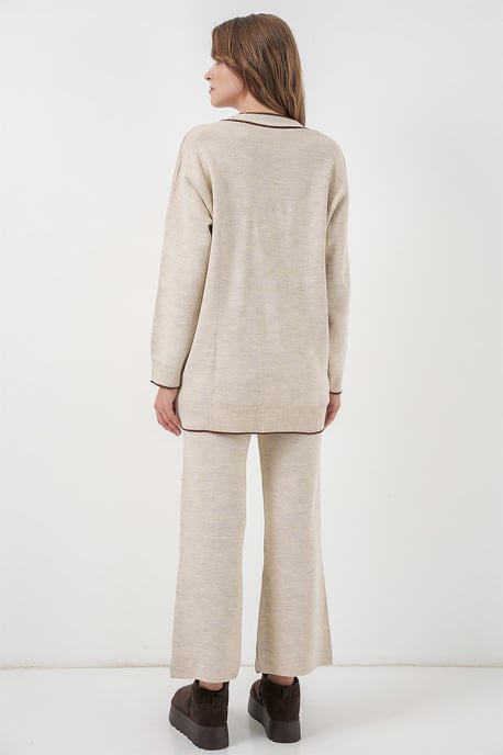 Pocket Gedetailleerde V-hals Cardigan en Wijde Broek Set - Image 5