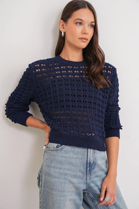 Gelaagd Gebreid Relaxed Crop Sweater met Ronde Hals - Image 3
