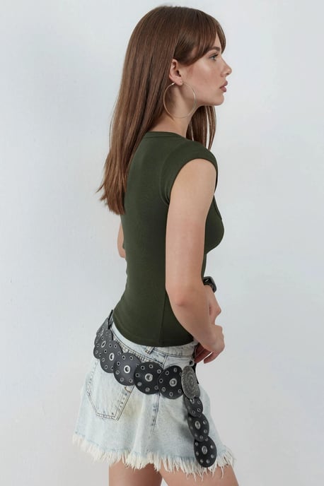 Slim Fit Ribbel U-Hals Blouse - Image 2