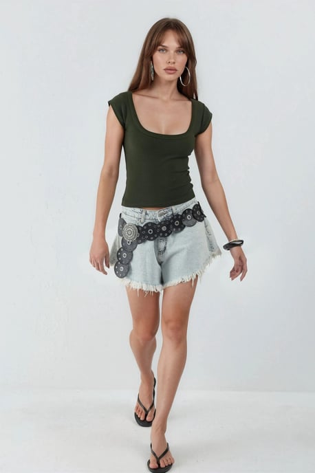 Slim Fit Ribbel U-Hals Blouse - Image 4