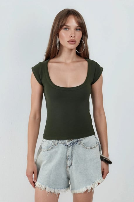 Slim Fit Ribbel U-Hals Blouse - Image 6