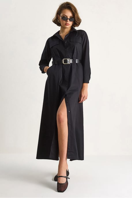Maxi-jurk met lange mouwen, knoopsluiting en overhemdkraag - Image 1
