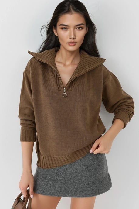Oversized Geribde Gebreide Trui met Ritskraag - Image 1