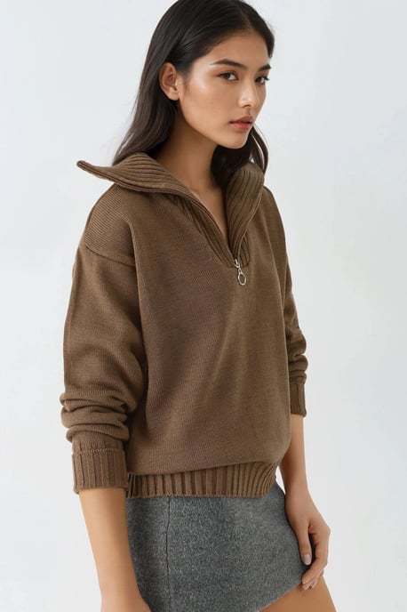 Oversized Geribde Gebreide Trui met Ritskraag - Image 2