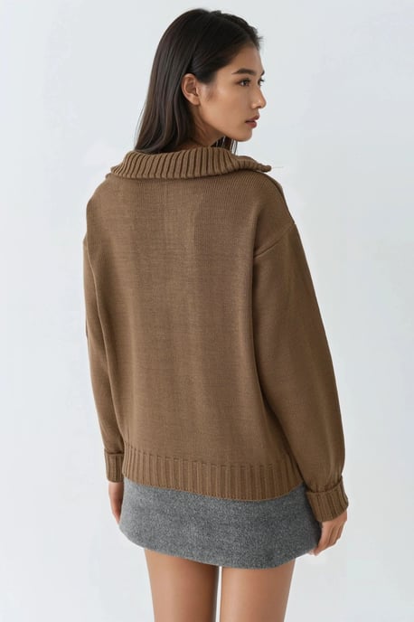 Oversized Geribde Gebreide Trui met Ritskraag - Image 3