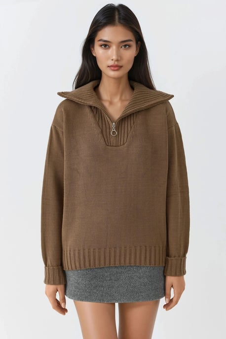 Oversized Geribde Gebreide Trui met Ritskraag - Image 6