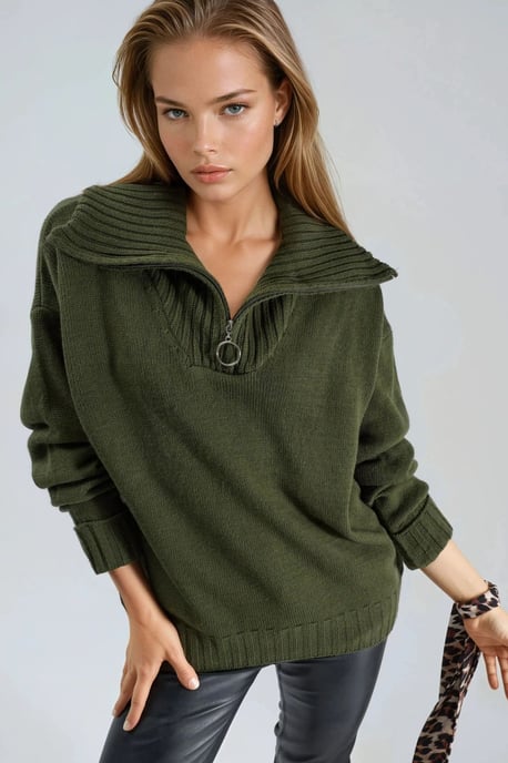Oversized Geribde Gebreide Trui met Ritskraag - Image 1