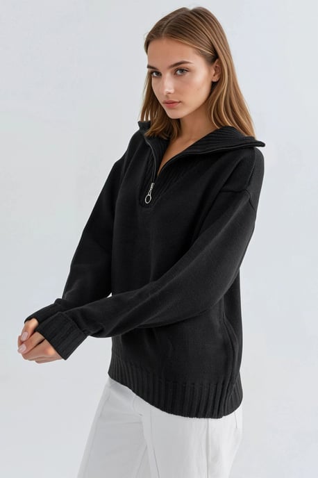 Oversized Geribde Gebreide Trui met Ritskraag - Image 1