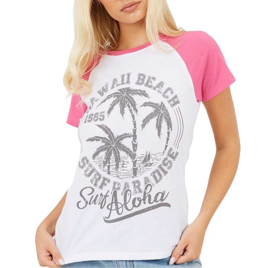 Brave Soul Dames-T-shirt met opdruk en contrasterende mouwen (Wit/Koraal) - Image 2