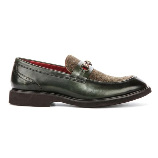 Justin Reess herenschoenen groene leren visgraat-tweed loafer schoenen - Tristian - Image 1