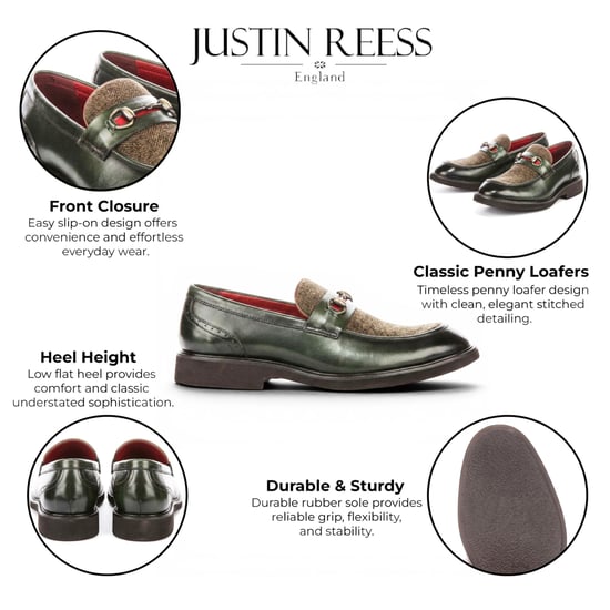 Justin Reess herenschoenen groene leren visgraat-tweed loafer schoenen - Tristian - Image 2