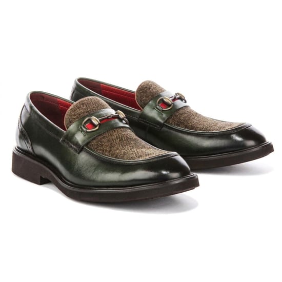 Justin Reess herenschoenen groene leren visgraat-tweed loafer schoenen - Tristian - Image 3