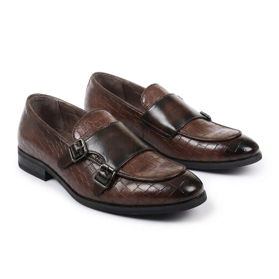 Bruine veganistische leren loafer schoenen met dubbele monk strap loafers voor mannen - Image 3