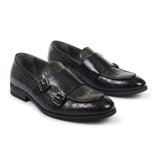 Zwarte veganistische leren loafer schoenen met dubbele monk strap voor heren - Image 2