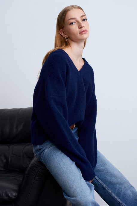 Vrouwen V-hals Geribbelde Breisweater - Image 1