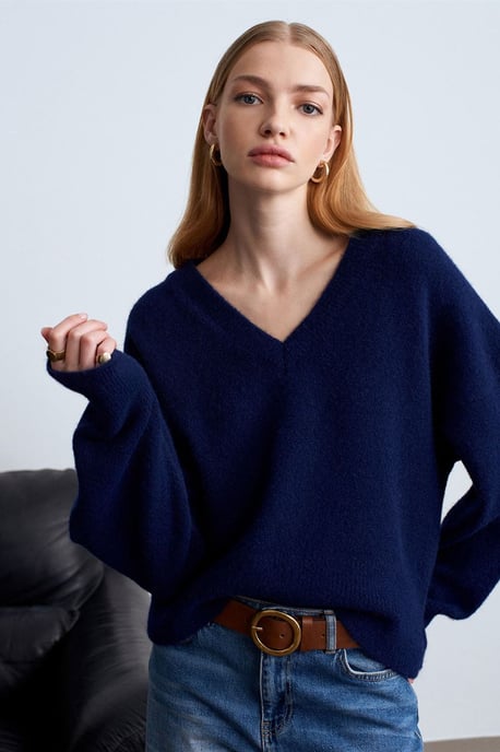 Vrouwen V-hals Geribbelde Breisweater - Image 3