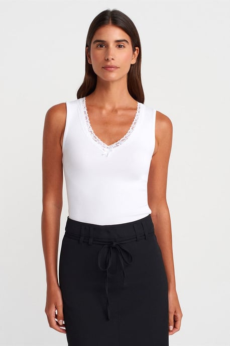 Mouwloze Kant Geribbelde V-hals Blouse - Image 1