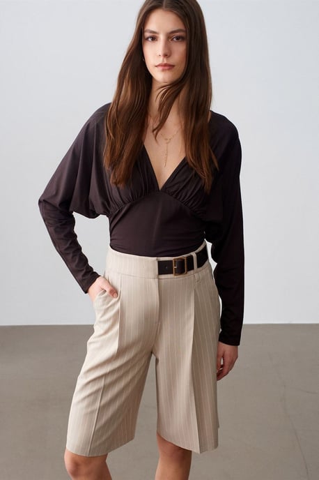 Hoge Taille Gestreepte Tailored Shorts Met Riem - Image 1