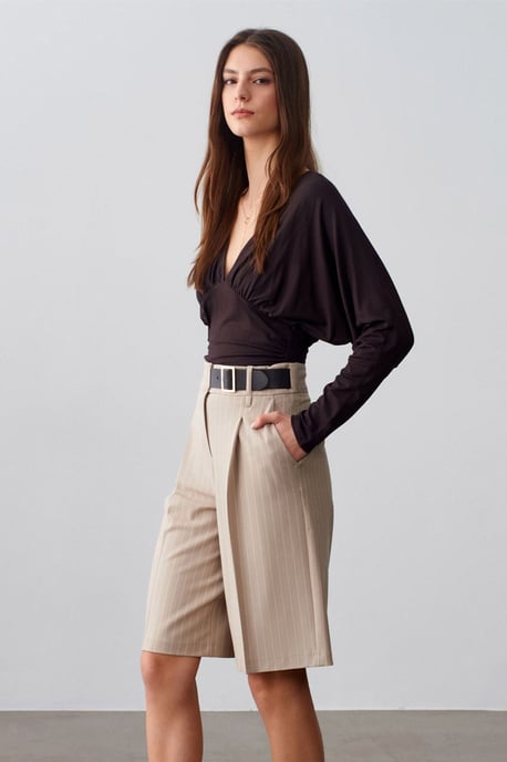 Hoge Taille Gestreepte Tailored Shorts Met Riem - Image 3