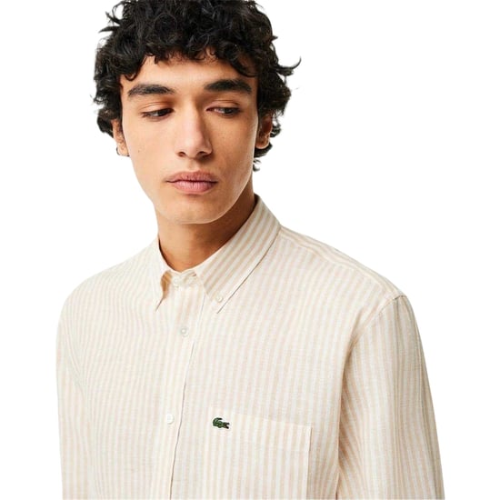 Lacoste Herenoverhemd van gestreept linnen met normale pasvorm en knoopsluiting (Wit) - Image 3