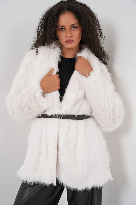 Lang Oversized Nepbont Jas Met Ceintuur - Image 1