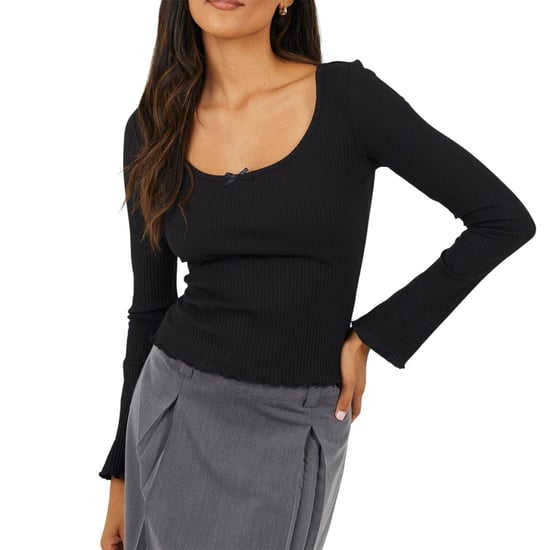 Brave Soul Dames/Dames Top met Lange Mouwen en Geribd Strikdetail (Zwart) - Image 1