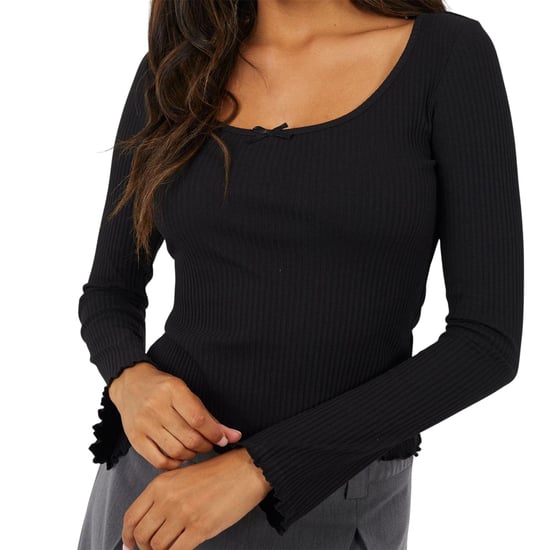 Brave Soul Dames/Dames Top met Lange Mouwen en Geribd Strikdetail (Zwart) - Image 3