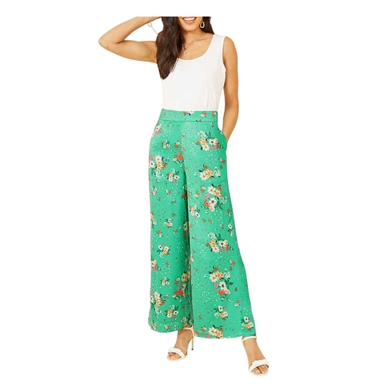 Yumi Dames/Dames Satijn Bloemen Broek Wijde Pijpen (Groen) - Image 1