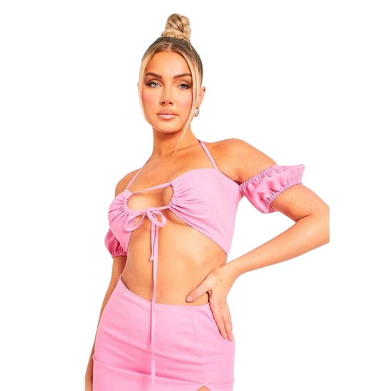 Missy Empire Dames/Dames Linnen Front Tie Crop Top (Roze) - Image 1