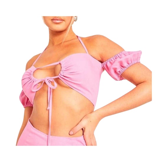 Missy Empire Dames/Dames Linnen Front Tie Crop Top (Roze) - Image 2