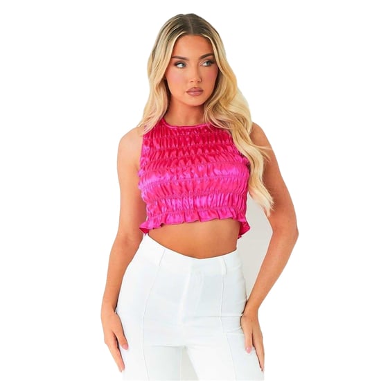 Missy Empire Mouwloze, korte top van gekreukt satijn voor dames (Roze) - Image 1