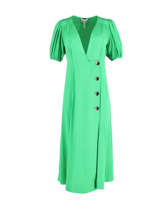 Ganni midi-wikkeljurk met pofmouwen in groene viscose - Image 1