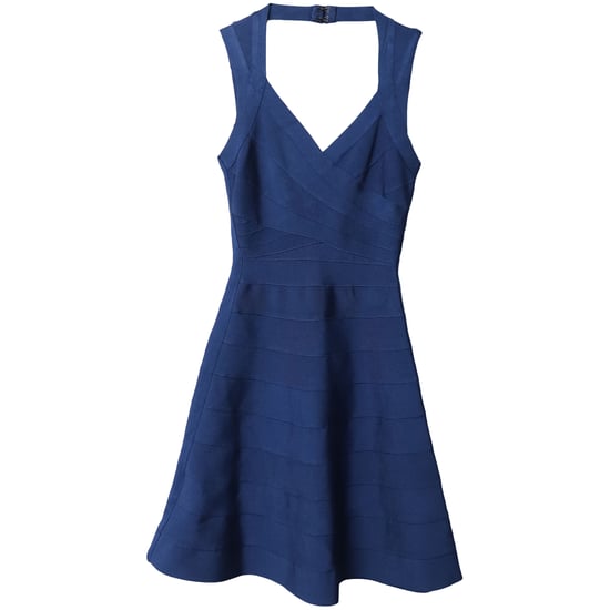 Herve Leger bandagejurk met uitlopende zoom in blauwe rayon - Image 4